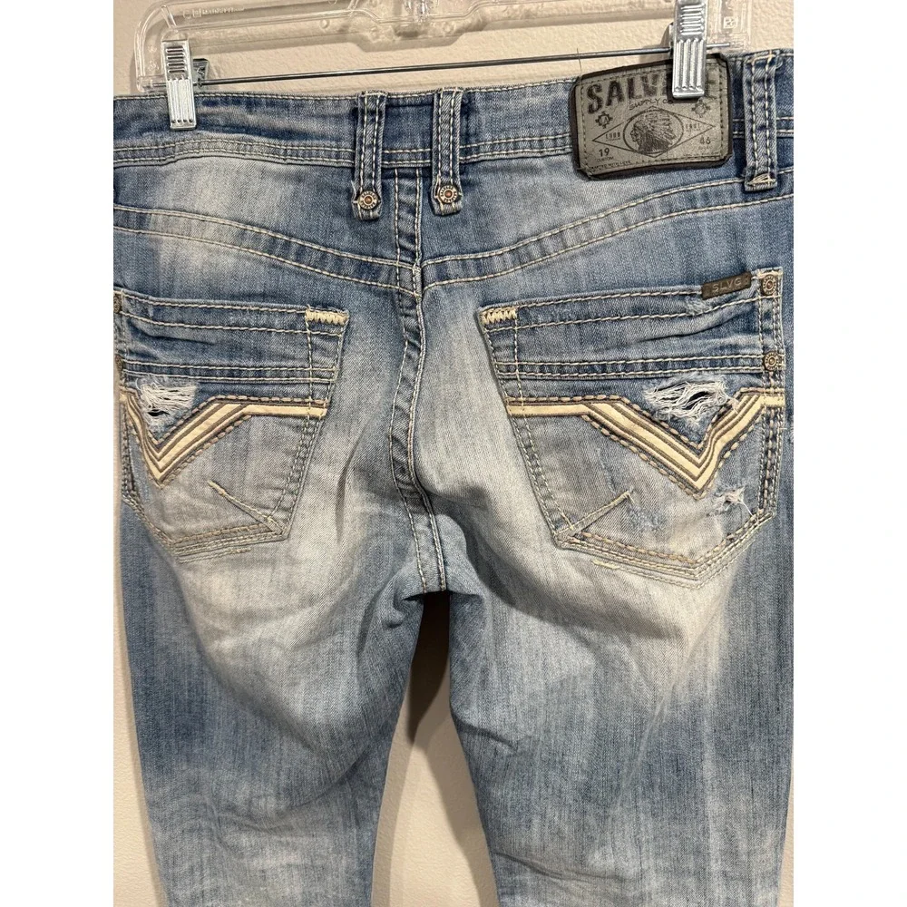 Salvage Mayhem Straight Jeans Men's 31L Blue Denim Stretch Distressed 5‎ Pocket